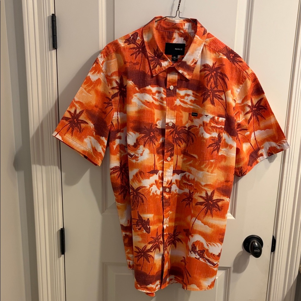 Hurley Men's Sunset Orange Palm Short Sleeve Button Down Shirt men’s XL